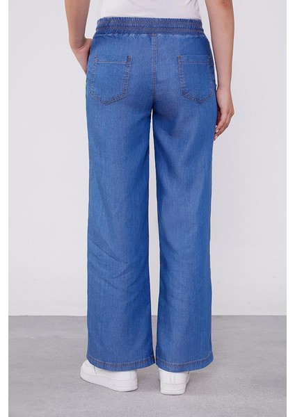 Mavi Beli Lastikli Jean Görünümlü Pantolon