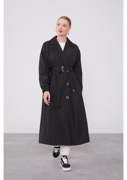 Siyah Kolu Lastik Detay Trençkot