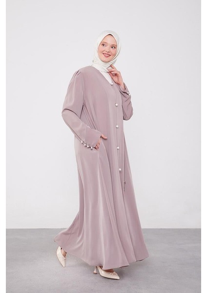 A.Kahve İnci Düğmeli Kuşaklı Ferace