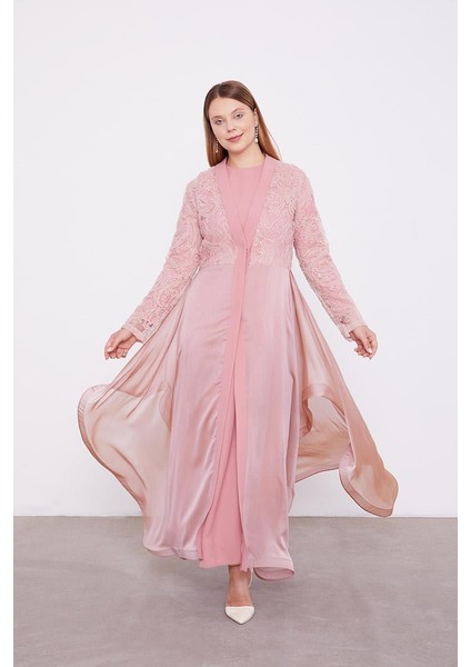 Pudra Abaya Üstü Garnili Asimetrik Etek Ucu Ferace