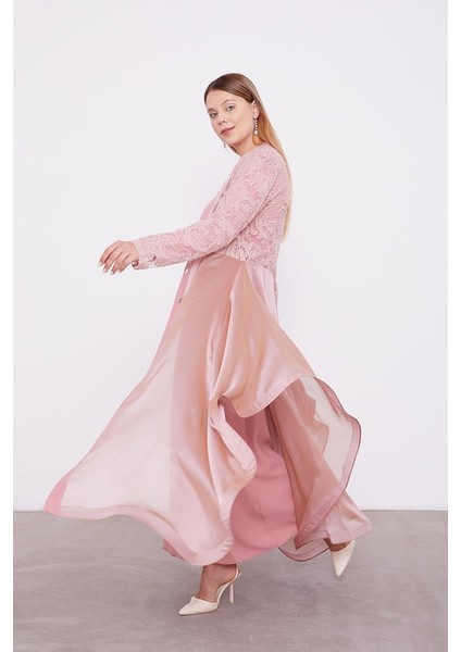 Pudra Abaya Üstü Garnili Asimetrik Etek Ucu Ferace fiyatları