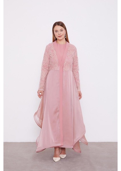 Pudra Abaya Üstü Garnili Asimetrik Etek Ucu Ferace fırsatları