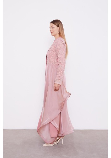Pudra Abaya Üstü Garnili Asimetrik Etek Ucu Ferace indirimleri