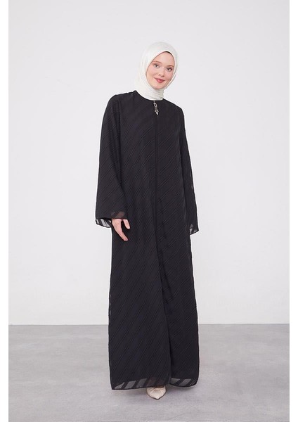 Siyah Sim Şeritli Fermuarlı Ferace