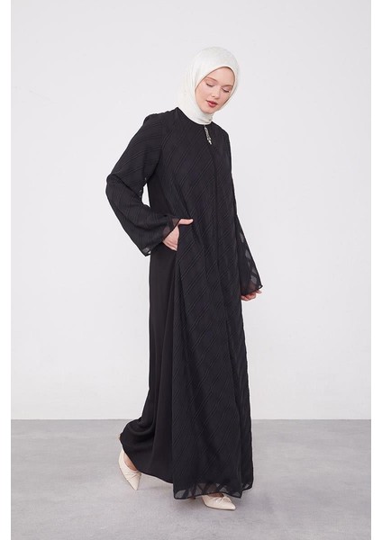 Siyah Sim Şeritli Fermuarlı Ferace fiyatları