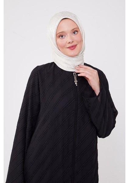 Siyah Sim Şeritli Fermuarlı Ferace modelleri