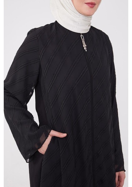 Siyah Sim Şeritli Fermuarlı Ferace fırsatları