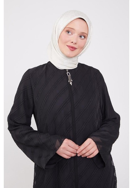 Siyah Sim Şeritli Fermuarlı Ferace indirimleri