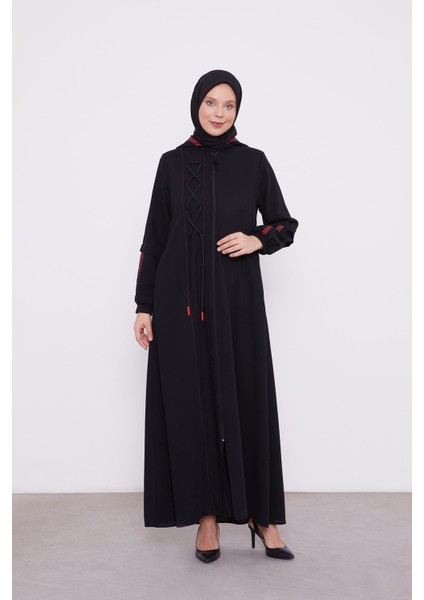 Siyah Kapüşonlu İp Detay Ferace