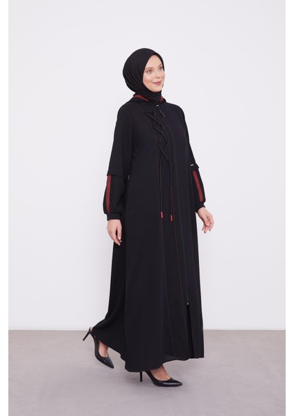 Siyah Kapüşonlu İp Detay Ferace fiyatları