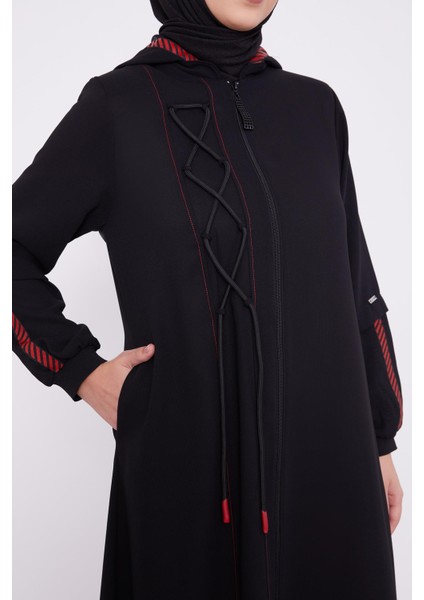 Siyah Kapüşonlu İp Detay Ferace indirimleri