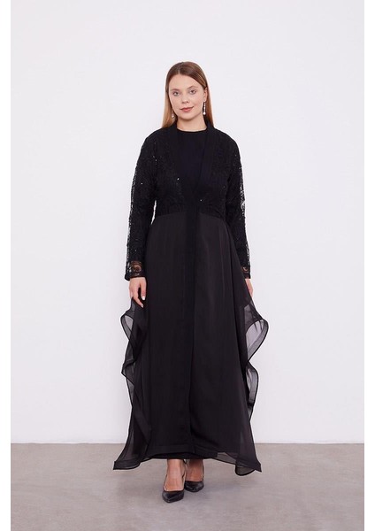 Siyah Abaya Üstü Garnili Asimetrik Etek Ucu Ferace