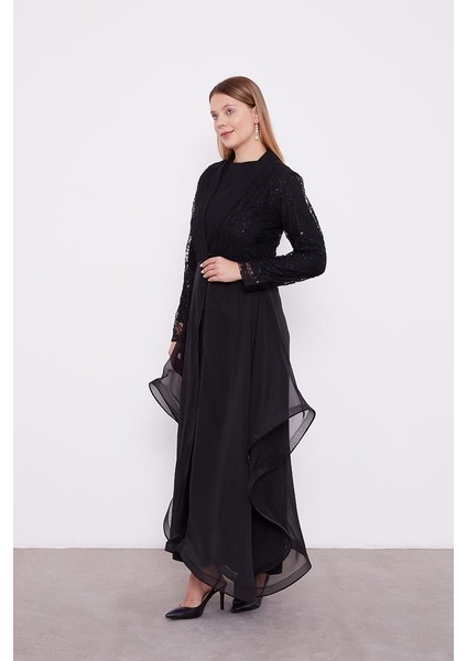 Siyah Abaya Üstü Garnili Asimetrik Etek Ucu Ferace fiyatları