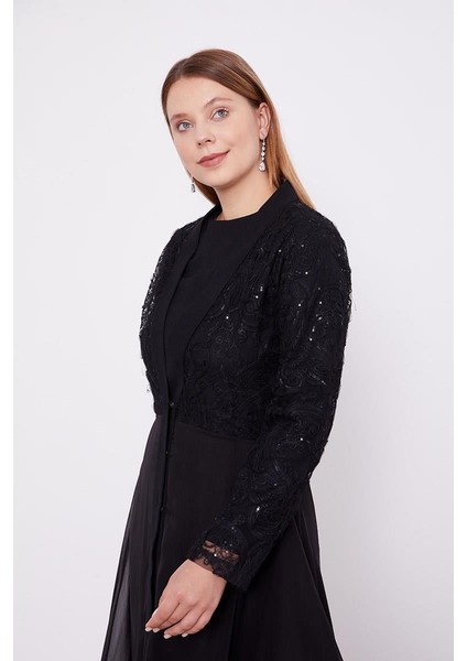 Siyah Abaya Üstü Garnili Asimetrik Etek Ucu Ferace fırsatları