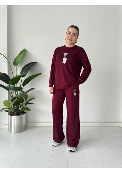 Kadın Modal Kumaş Rahat Kesim Uzun Kollu Ayıcık Nakışlı Ikili Takım