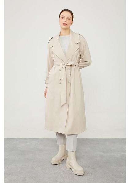 Bej Çizgili Desen Kuşak Kapamalı Trençkot fiyatları