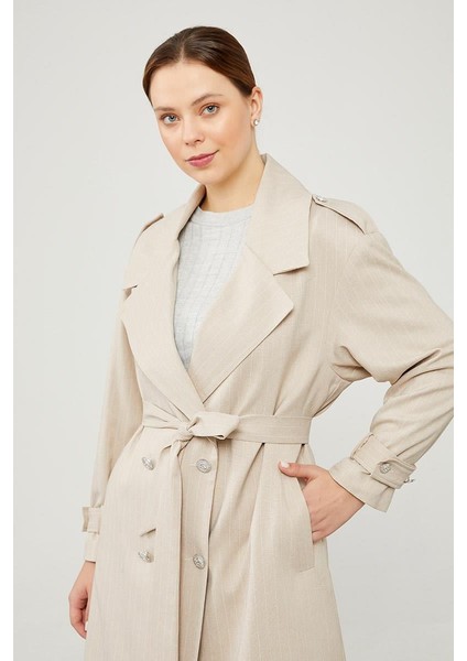 Bej Çizgili Desen Kuşak Kapamalı Trençkot modelleri