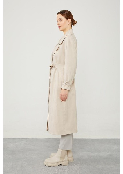 Bej Çizgili Desen Kuşak Kapamalı Trençkot indirimleri