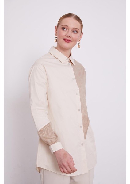 Bej Çift Renkli Poplin Gömlek