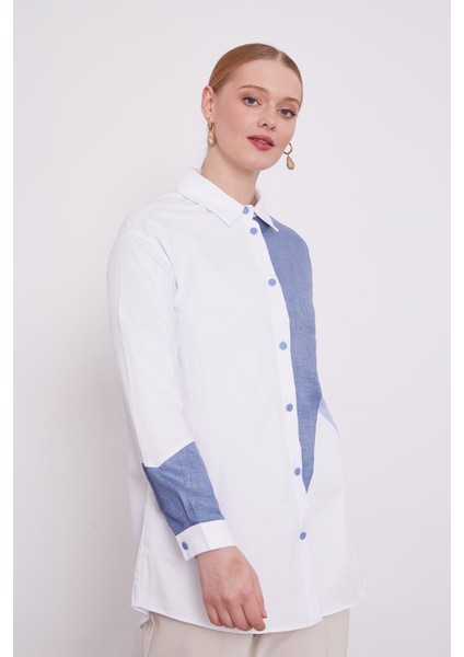 Ekru-Mavi Çift Renkli Poplin Gömlek