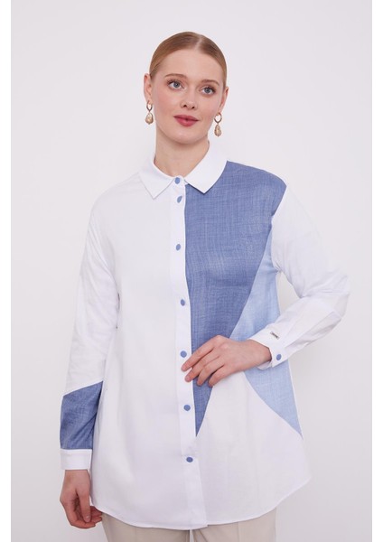 Ekru-Mavi Çift Renkli Poplin Gömlek fiyatları