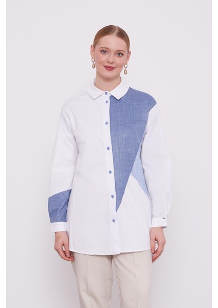 Ekru-Mavi Çift Renkli Poplin Gömlek modelleri
