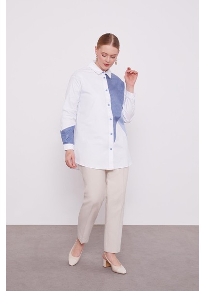 Ekru-Mavi Çift Renkli Poplin Gömlek fırsatları