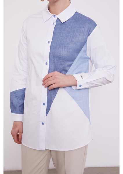 Ekru-Mavi Çift Renkli Poplin Gömlek indirimleri