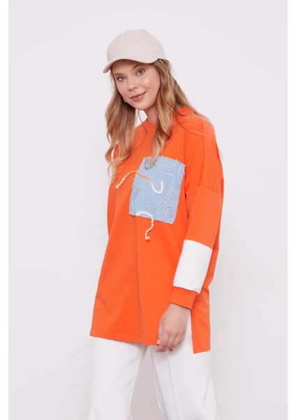 Oranj Denim Detaylı Sweatshirt modelleri