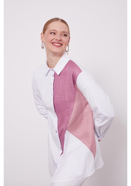 Ekru-Mürdüm Çift Renkli Poplin Gömlek