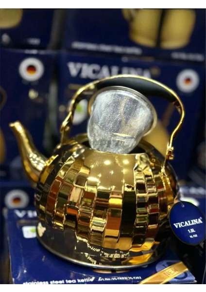Vıcalina Çaydanlık Seti 2'Li (3 Litre) (1.5 Litre) Paslanmaz Çelik Gold Renk modelleri