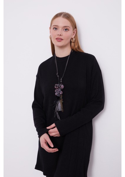 Siyah Etnik Kolyeli Fitili Kaşmir Tunik