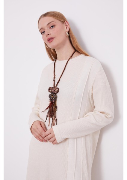 Krem Etnik Kolyeli Fitili Kaşmir Tunik