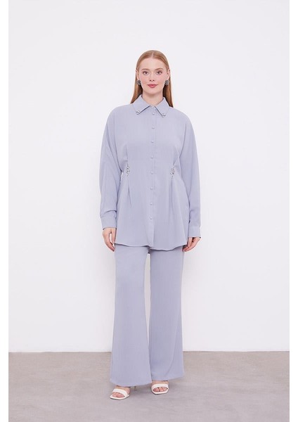 A.Gri Taşlı Krepe Detaylı Tunik Takım