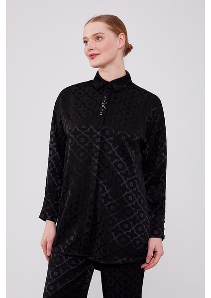 Siyah Çiçek Desen Jakarlı İkili Takım indirimleri