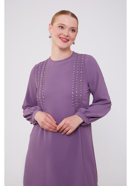 Lila Boncuk Işlemeli Tunik Takım
