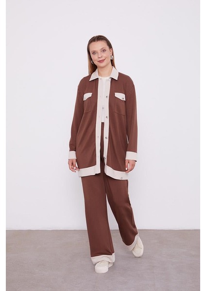 Acı Kahve-Açık Bej Düğme Detaylı Pantolon Takım