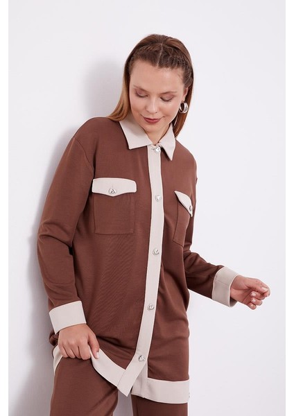 Acı Kahve-Açık Bej Düğme Detaylı Pantolon Takım modelleri