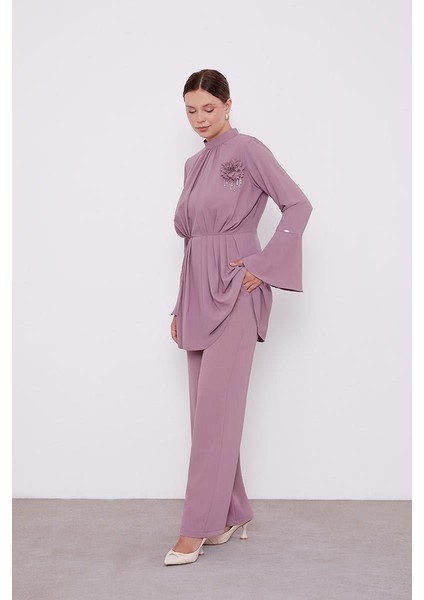K.Lila Broşlu Beli Pileli Tunik Takım modelleri