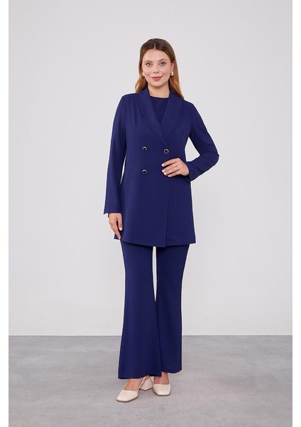 Lacivert Kruvaze Kesim Blazer Ceket Takım