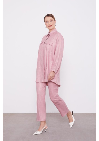 Pembe Taş İşlemeli Melanj Gömlek İkili Takım