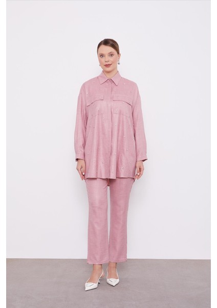 Pembe Taş İşlemeli Melanj Gömlek İkili Takım fiyatları