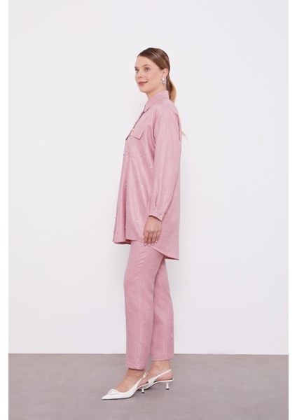 Pembe Taş İşlemeli Melanj Gömlek İkili Takım modelleri
