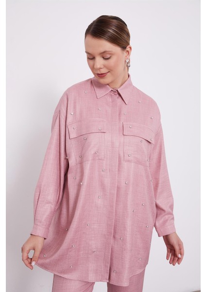 Pembe Taş İşlemeli Melanj Gömlek İkili Takım fırsatları