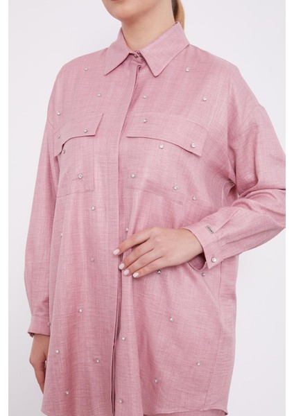 Pembe Taş İşlemeli Melanj Gömlek İkili Takım indirimleri