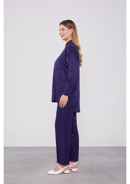 Lacivert Çiçek Desen Jakarlı İkili Takım indirimleri