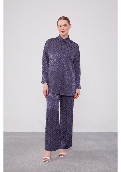 Antrasit Çiçek Desen Jakarlı İkili Takım