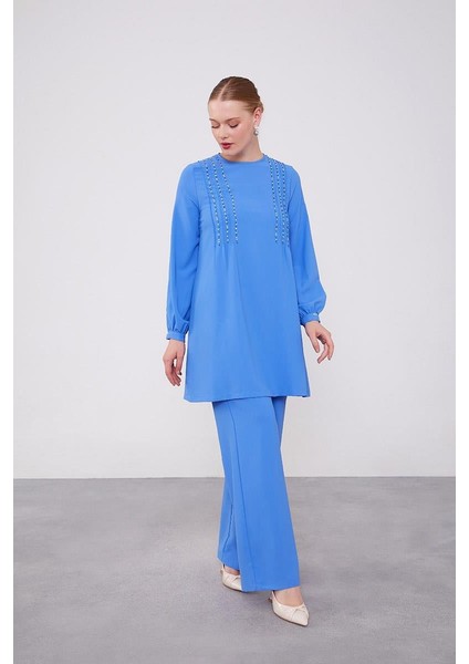 Indigo Boncuk Işlemeli Tunik Takım