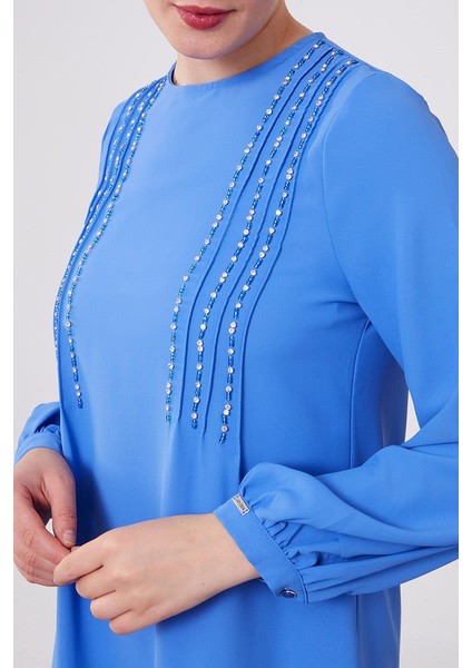Indigo Boncuk Işlemeli Tunik Takım