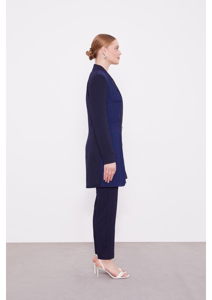 K.Lacivert Plise Şifonlu Ceket Takım modelleri